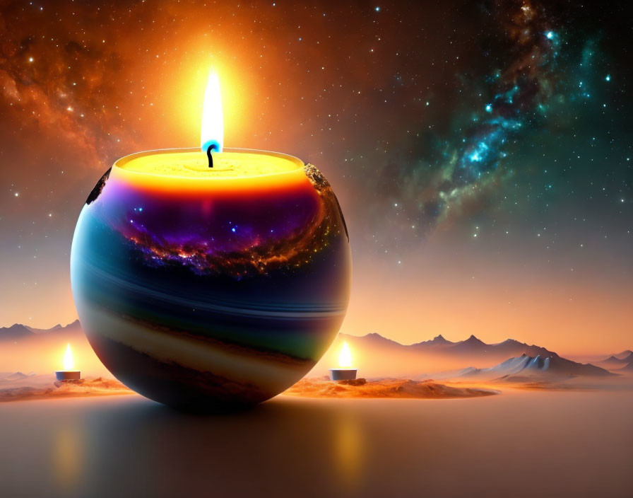 Round planet-like candle with rings burning in cosmic setting with stars, nebulas, and desert landscape
