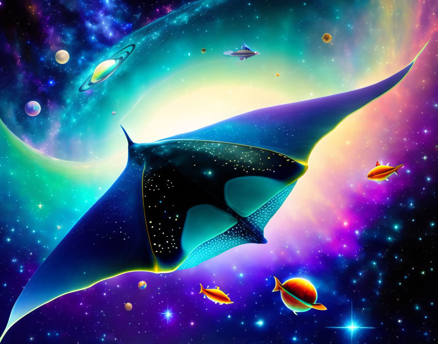 Colorful Manta Ray in Space with Planets and UFOs