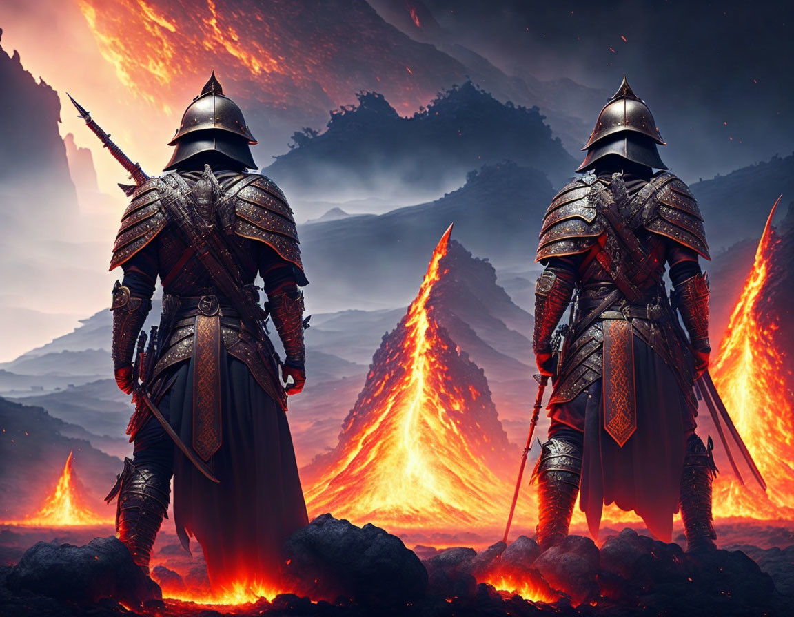 Two ornate armored knights in volcanic landscape with smoke and lava flows.