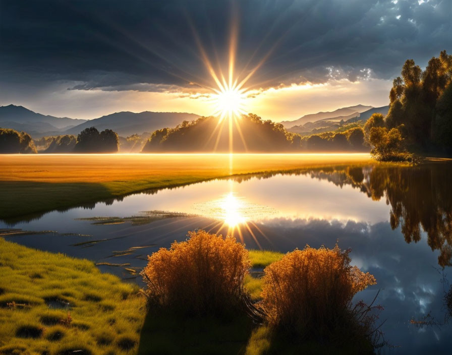 Tranquil sunset over calm lake and mountains