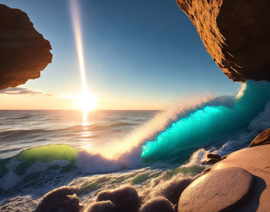 Tranquil beach sunrise with vibrant waves and piercing sunlight