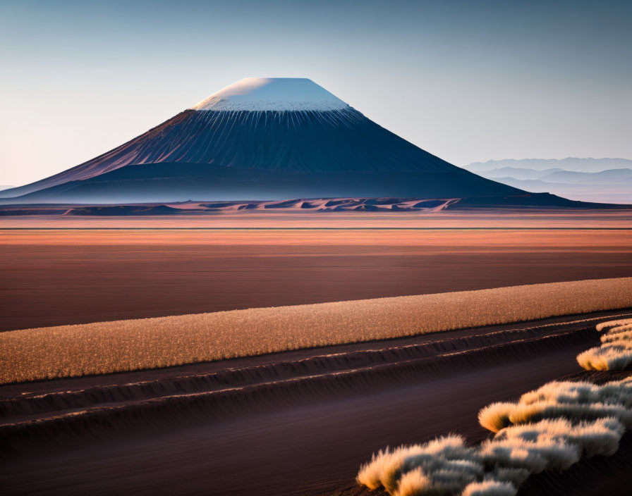 Snow-capped volcano in desert landscape under pastel sky