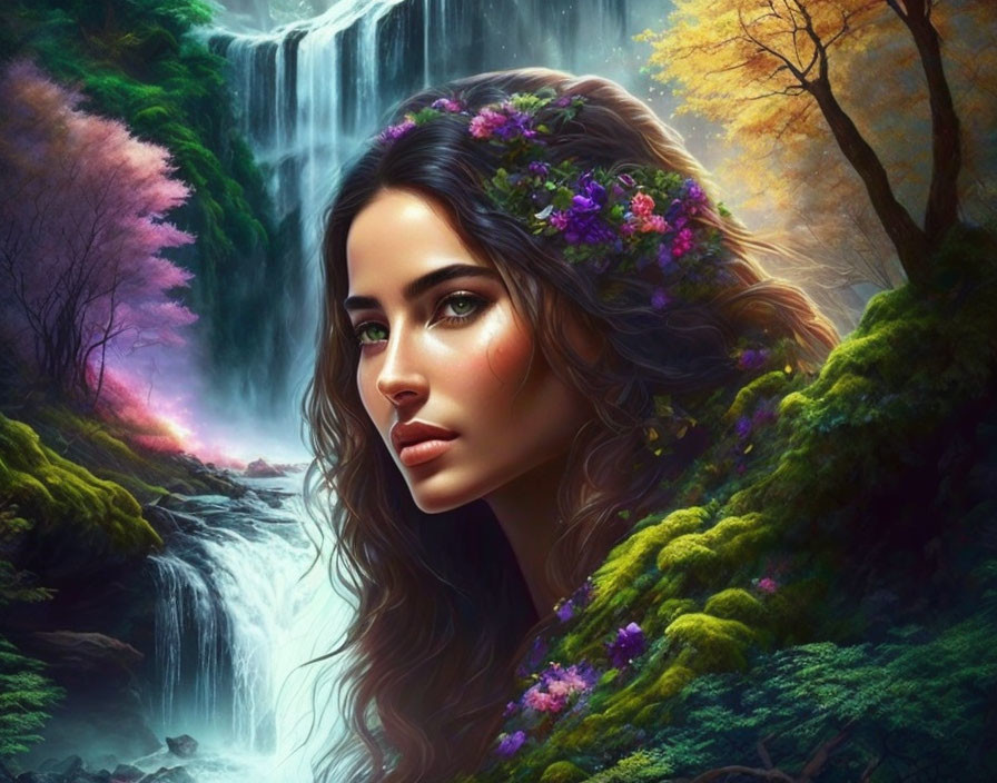 Digital Artwork: Woman with Floral Crown in Forest Waterfall Scene