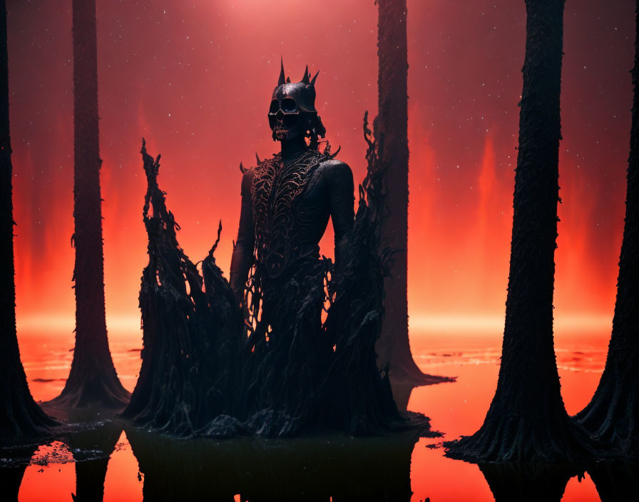 Mystical figure with horned helmet in dark forest under crimson sky