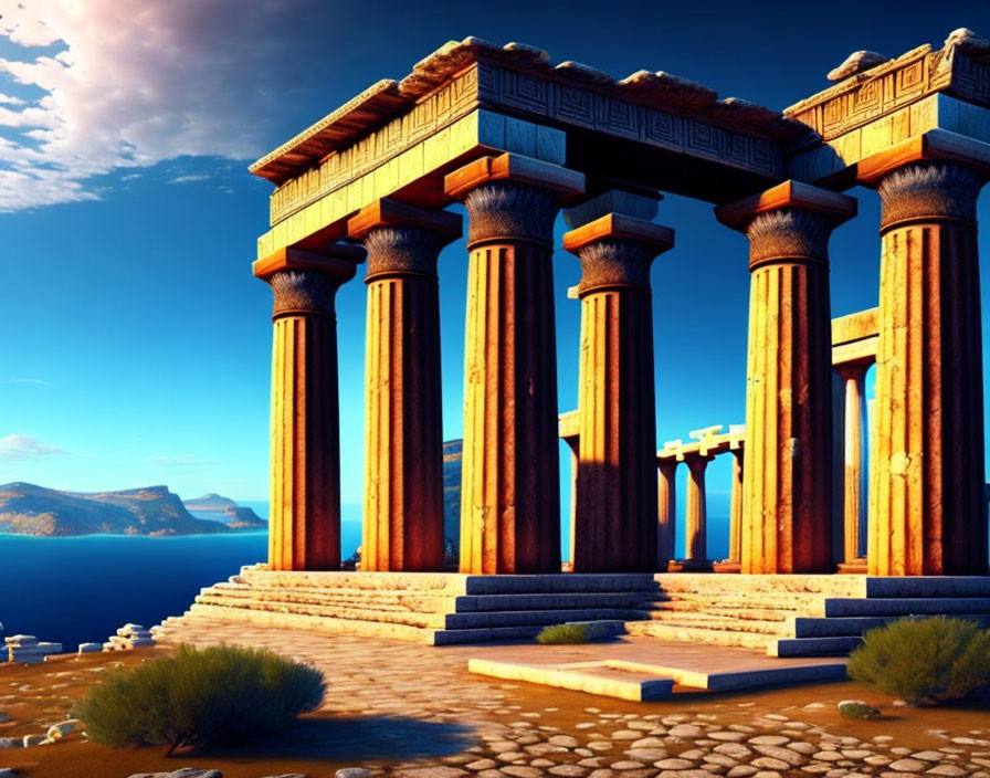 Ancient Greek temple ruins with Doric columns at sunset near coastline.