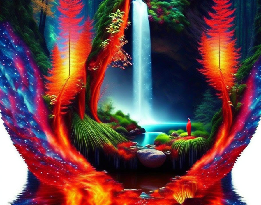 Digital Artwork: Waterfall with Phoenix Wings and Glowing Light