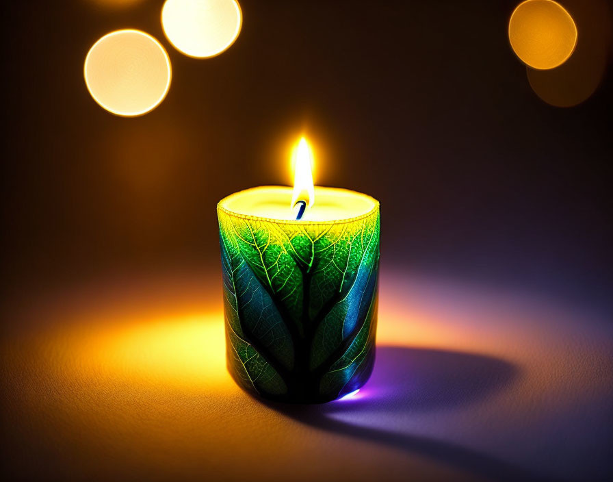 Green leaf pattern candle glowing in soft bokeh lights