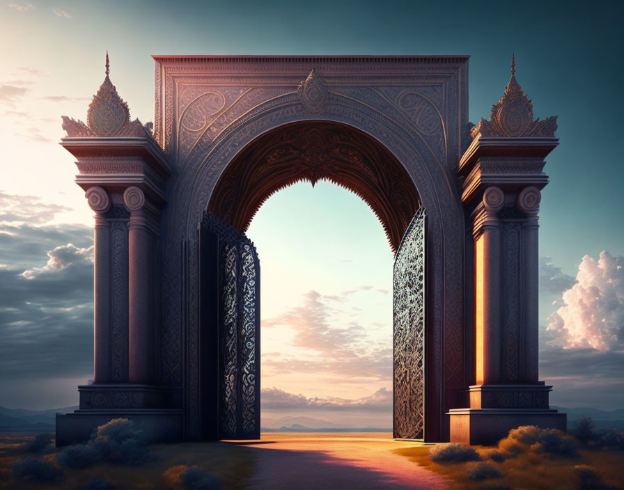 Intricate tower gate against twilight desert sky