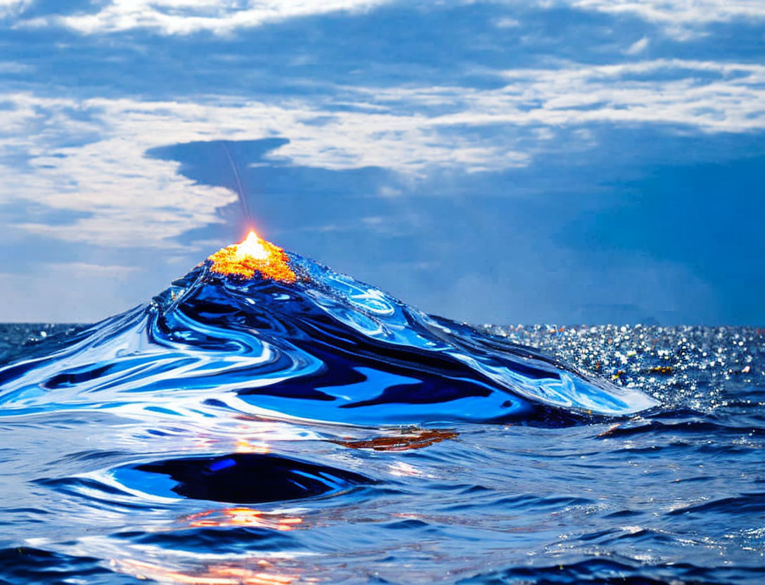 Fiery orange sun setting on cresting blue wave in hazy sky