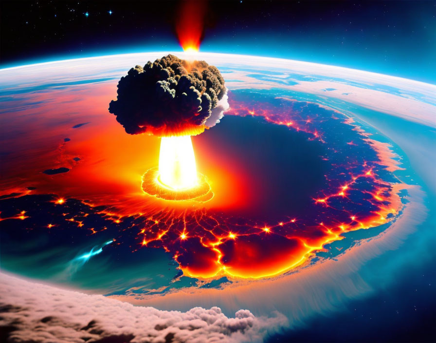 Fiery explosion resembling nuclear blast on Earth's surface viewed from space