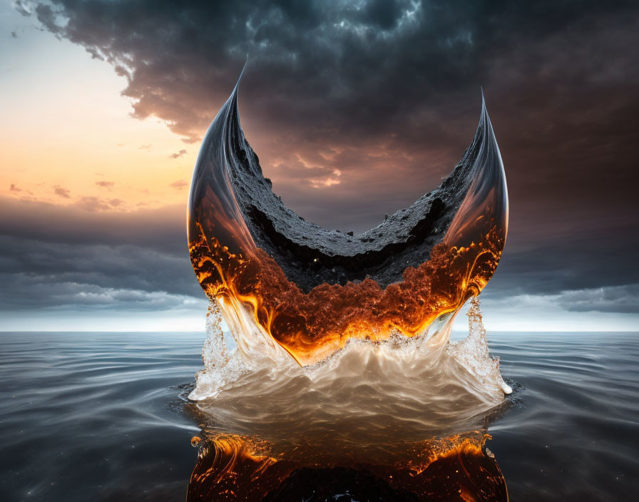 Surreal digital artwork: fiery liquid shapes in sea against sunset sky