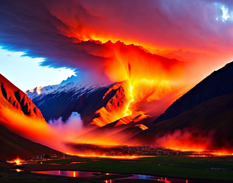 Surreal digital artwork of volcanic eruption with lava flows