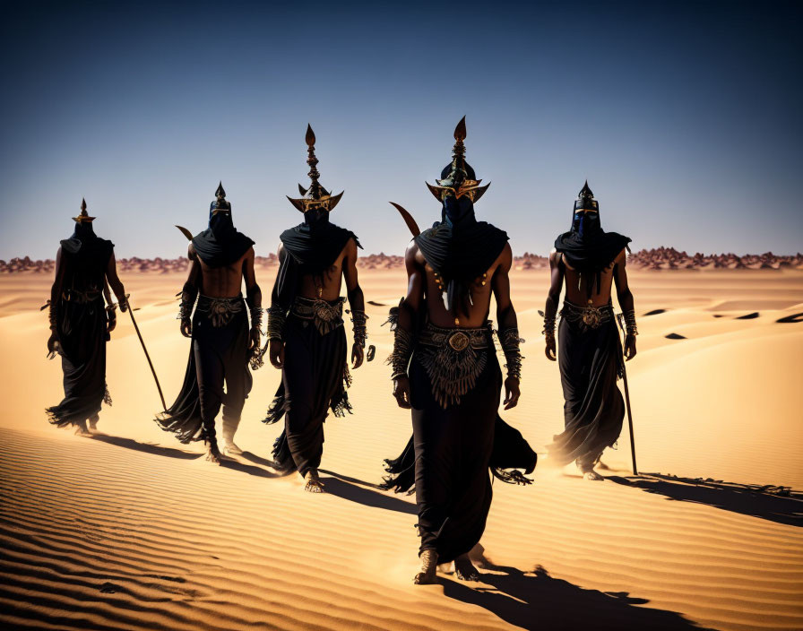 Four people in exotic robes and masks crossing desert with sand dunes under blue sky