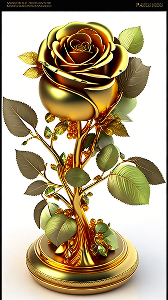 Intricately designed golden rose sculpture with metallic luster branches and leaves on circular base