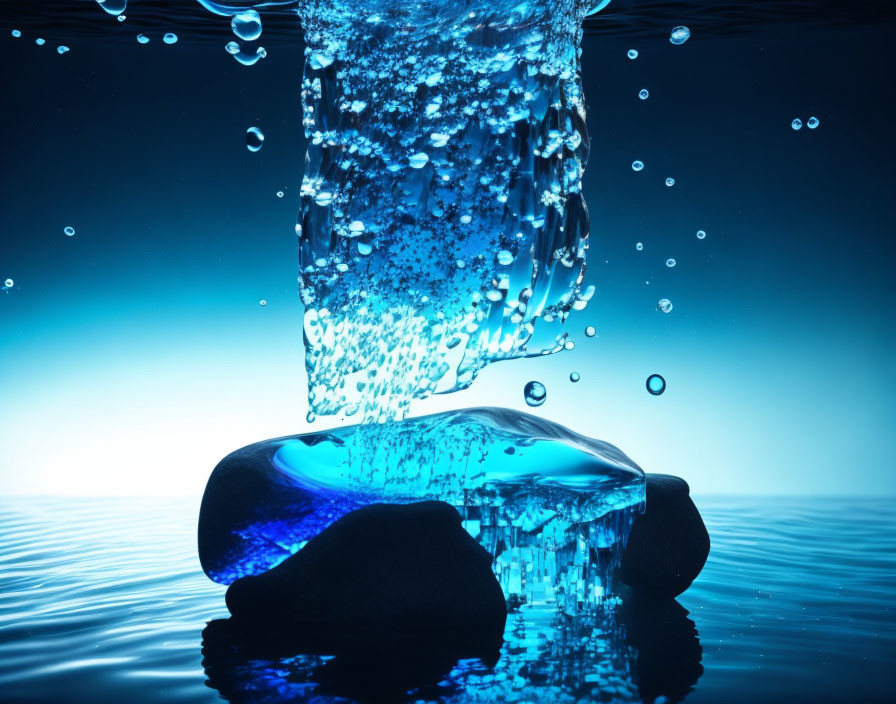 Transparent water cascading on smooth stone, forming ripples and bubbles on blue backdrop