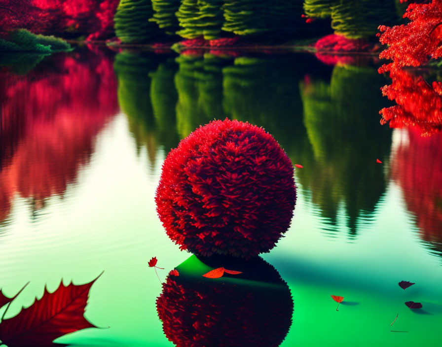 Vibrant red spherical bush reflected on green lake in surreal landscape