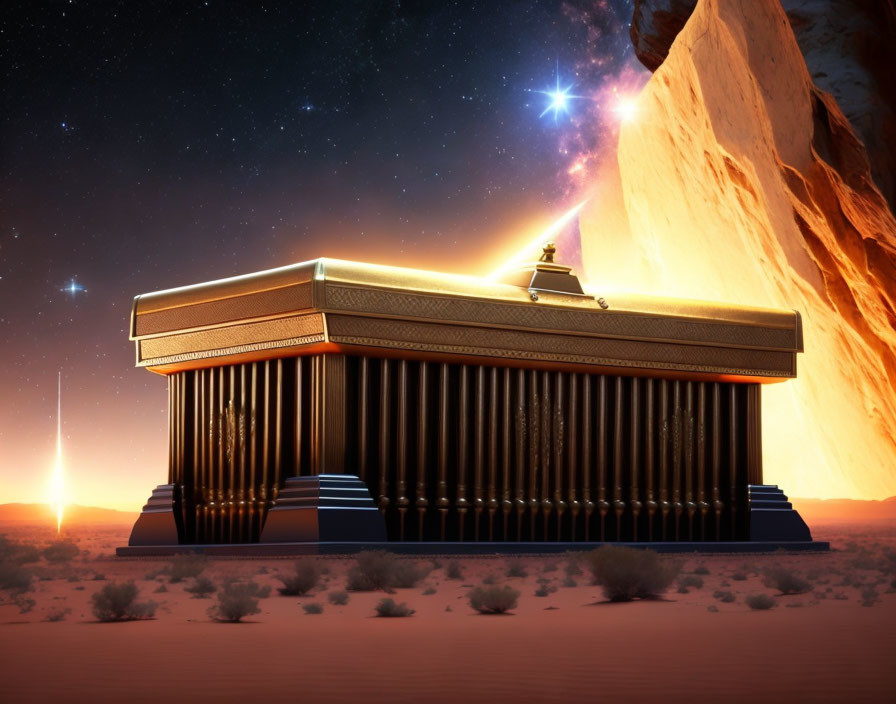 Ancient Egyptian temple at twilight amidst desert rocks and stars