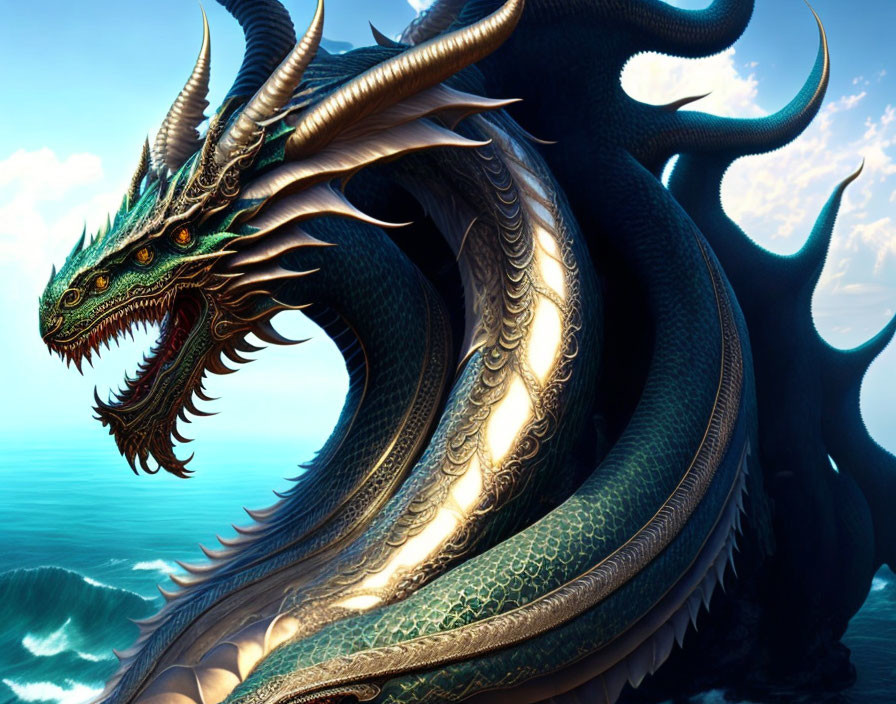 Majestic dragon with emerald-green eyes and golden horns by the sea