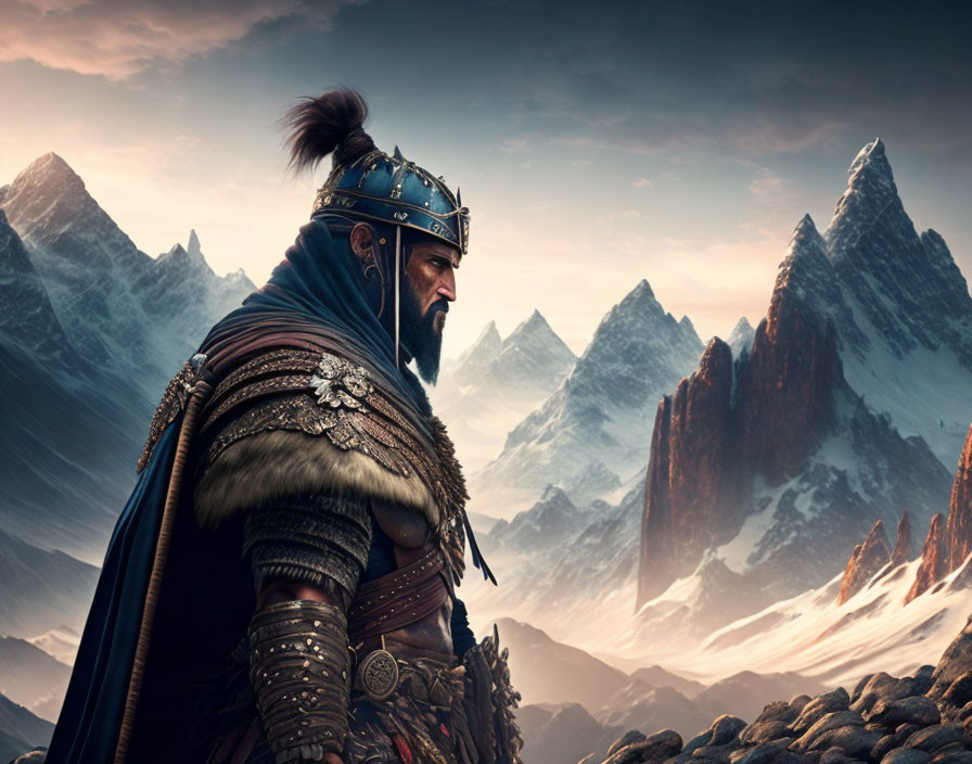 Stoic warrior in ornate armor against snowy mountains