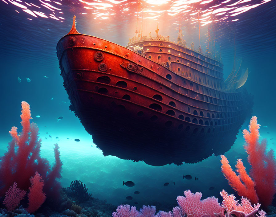 Sunken Shipwreck with Coral and Marine Life in Underwater Scene