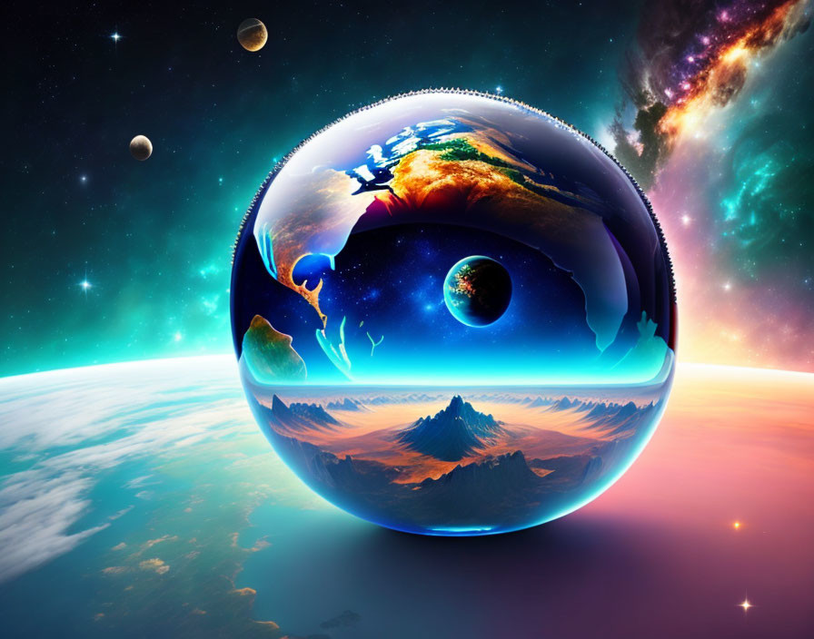 Composite surreal image: crystal ball reflects cosmic and earthly elements in space.