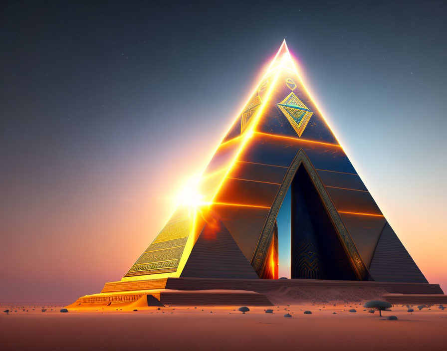 Futuristic pyramid with glowing symbols in desert twilight