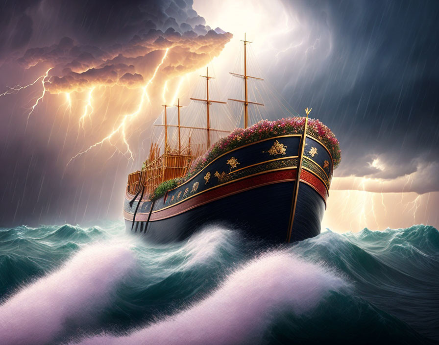 Ornate ship with sails navigating stormy seas under lightning-filled sky