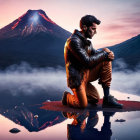 Man in leather jacket on surfboard contemplates tranquil lake with erupting volcano and mountains at dusk