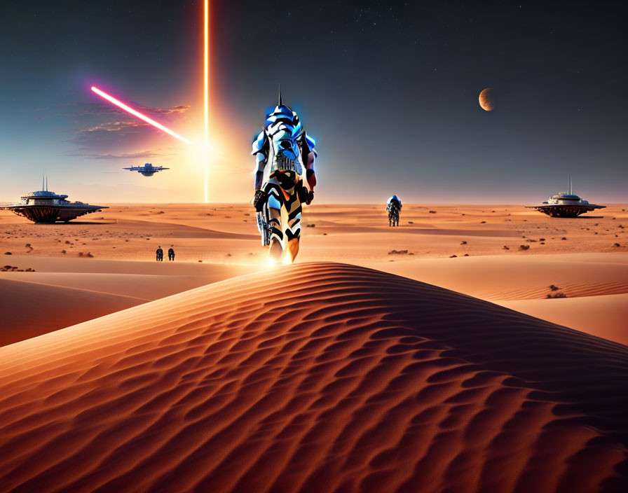 Armored figure in futuristic desert landscape with spaceships, star, and crescent moon