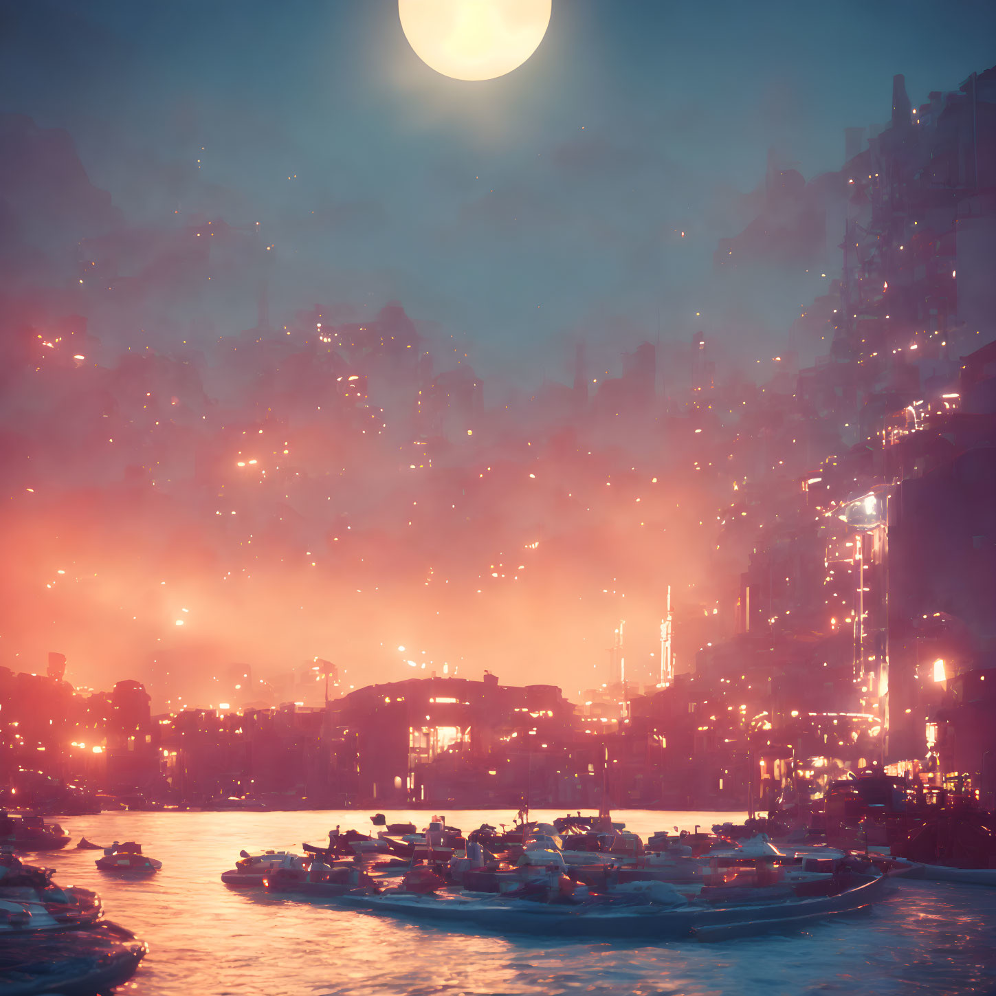 Futuristic night cityscape with glowing moon and shimmering water