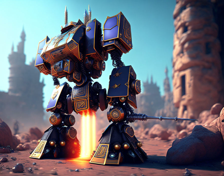 Detailed robot knight with lance in desert landscape & ancient buildings.