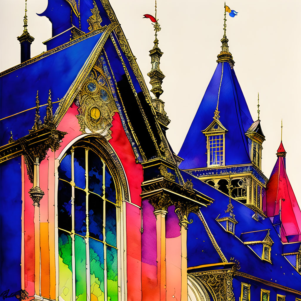 Colorful Gothic Cathedral Illustration with Exaggerated Features