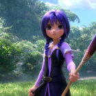 Purple-haired girl in dark outfit with gold accents, holding staff in lush forest