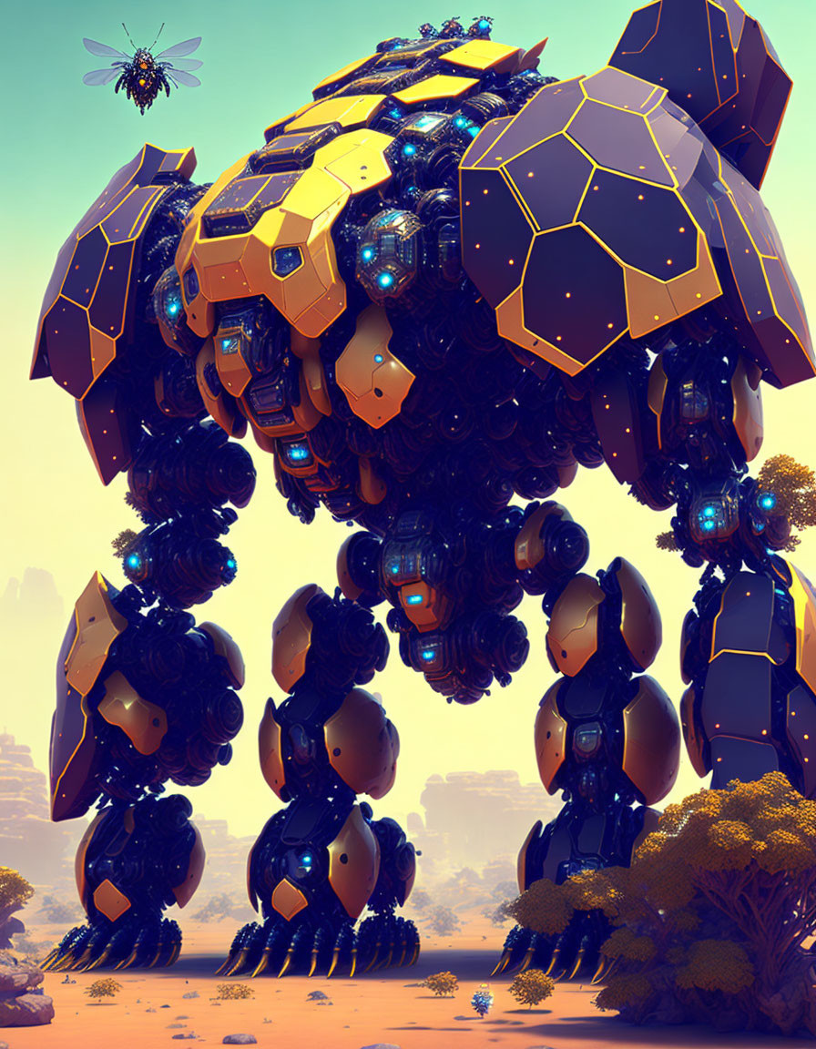 Giant mechanical creature with hexagonal armor in barren landscape