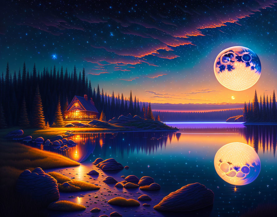 Tranquil lakeside night scene with cabin, moons, stars, and forest reflections