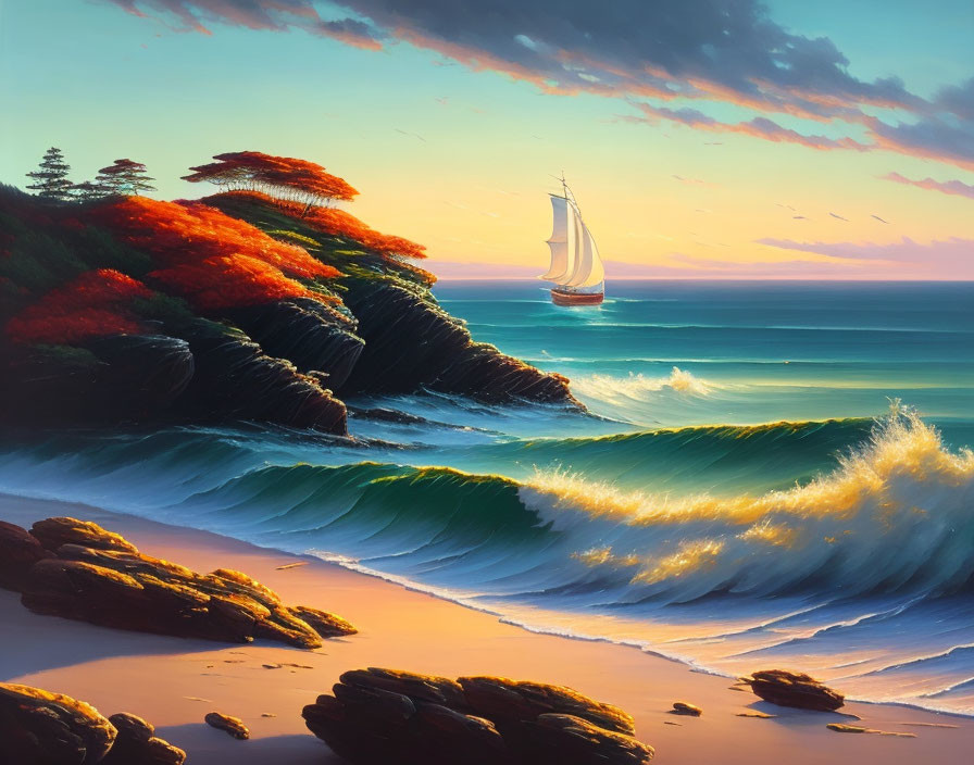 Tranquil sunset seascape with sailboat, waves, and autumn cliffs