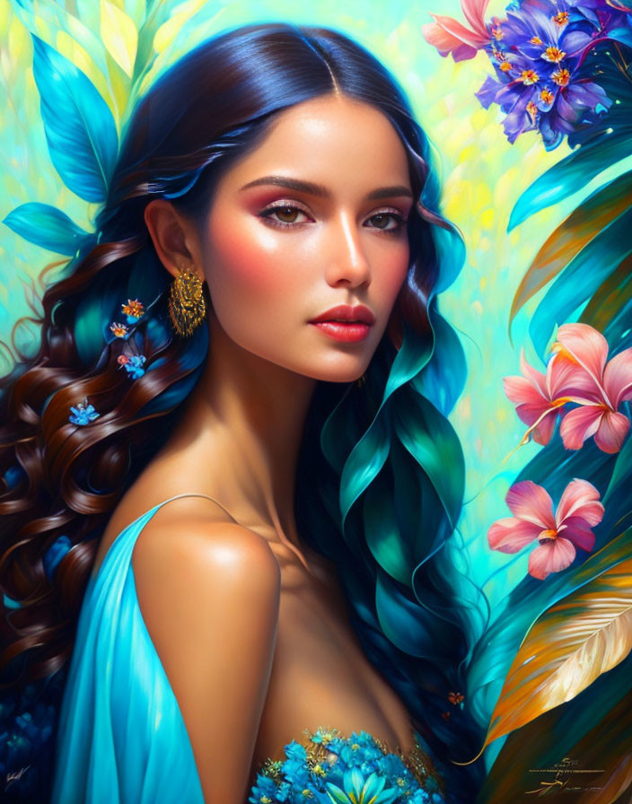 Digital painting of woman with wavy blue hair in tropical flower setting