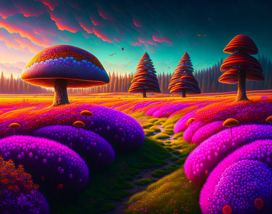 Colorful fantasy landscape with oversized mushrooms, vibrant flora, pine trees, sunset sky, and flying birds