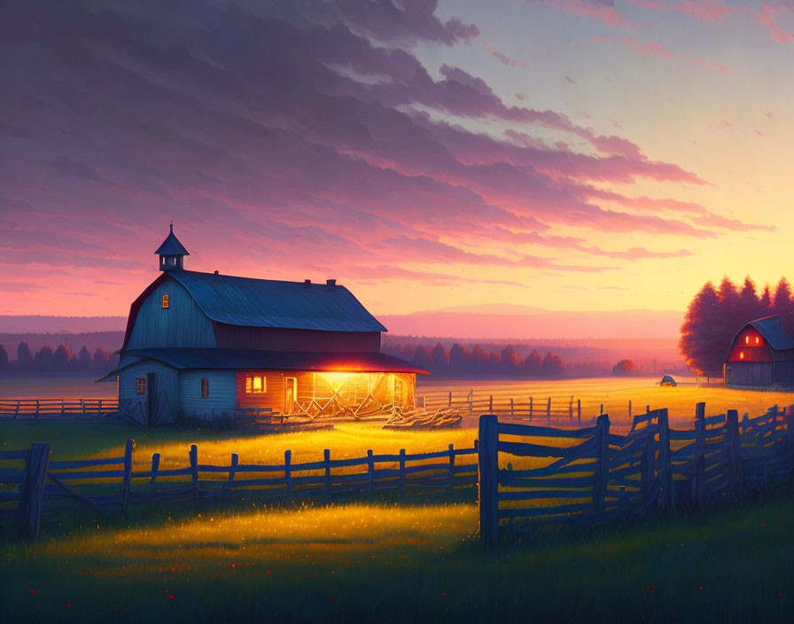 Farm at Dusk: Lit Barns, Sunset Sky, Pastures, Fireflies