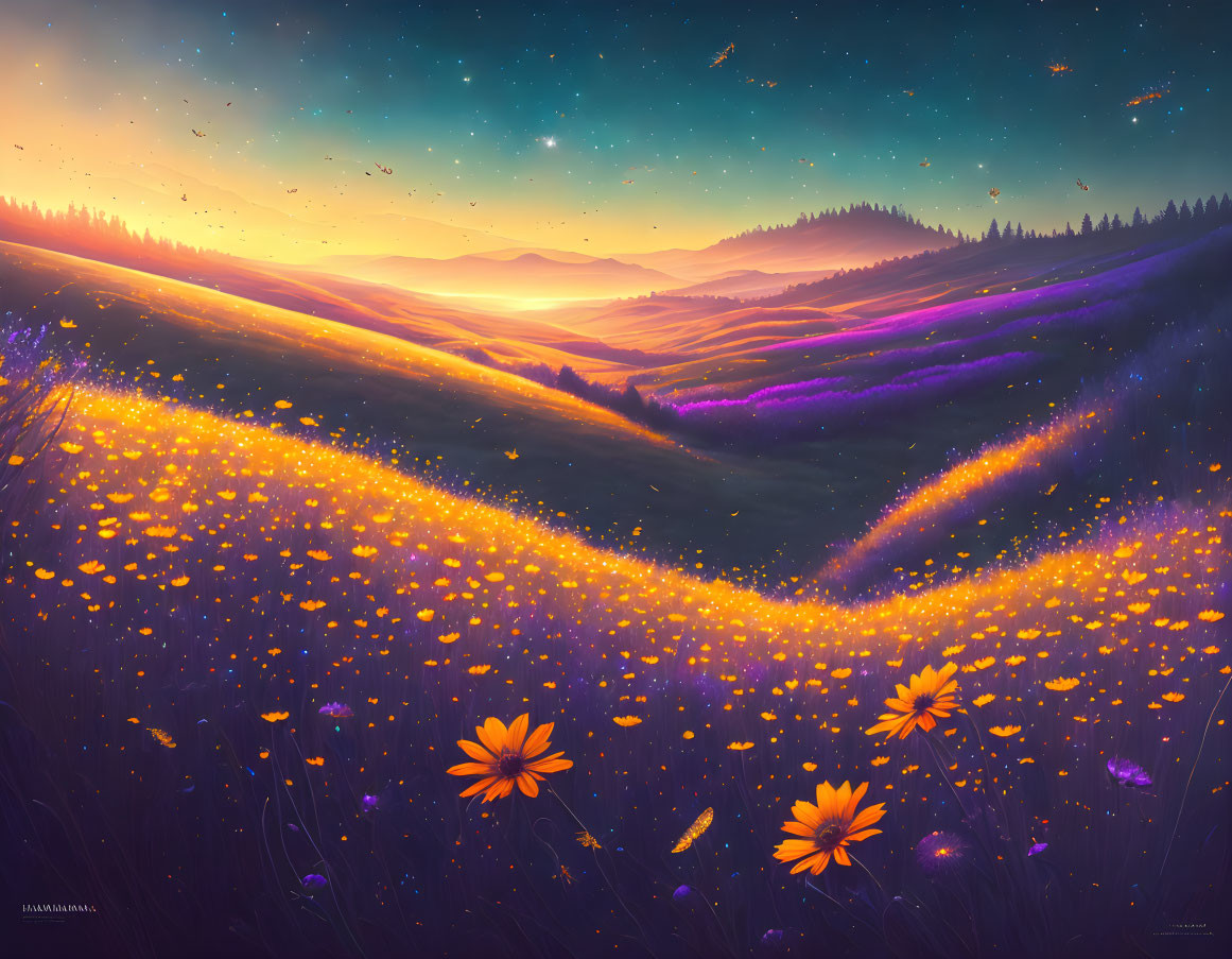 Colorful digital artwork of magical twilight landscape with rolling hills, glowing wildflowers, starry sky,