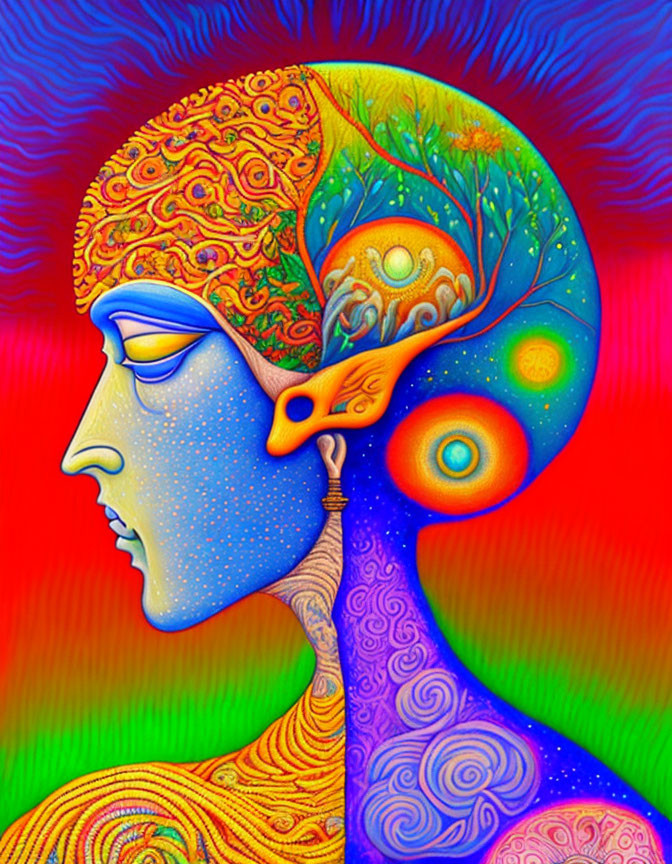 Colorful Psychedelic Human Brain Illustration Profile View