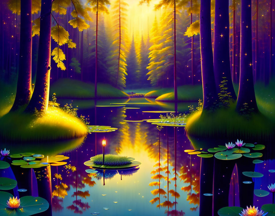 Tranquil forest landscape with blue and purple hues, sunbeams, and glowing flowers