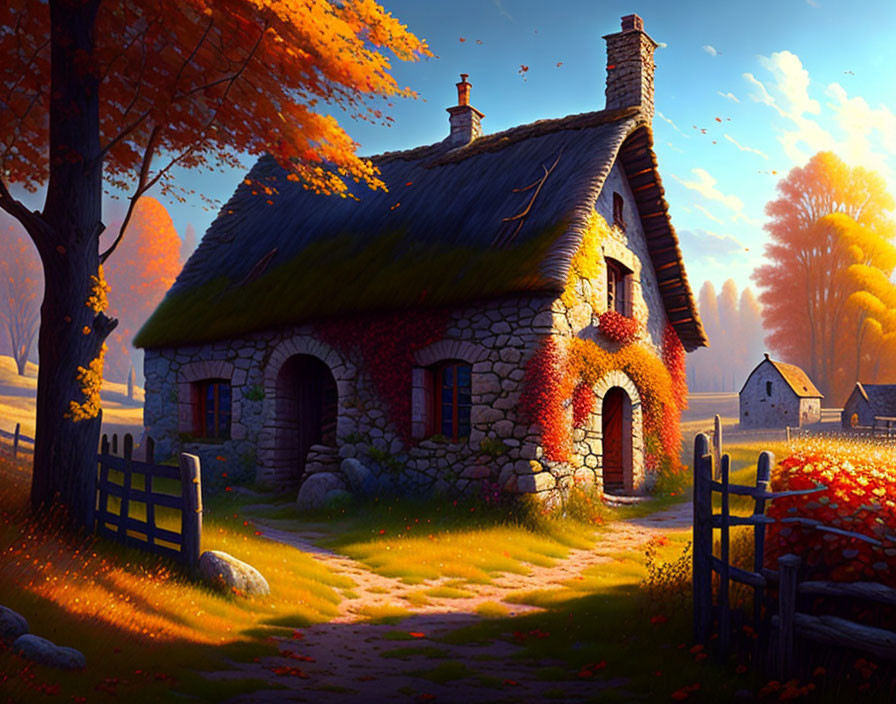 Thatched roof stone cottage surrounded by autumn trees in golden light