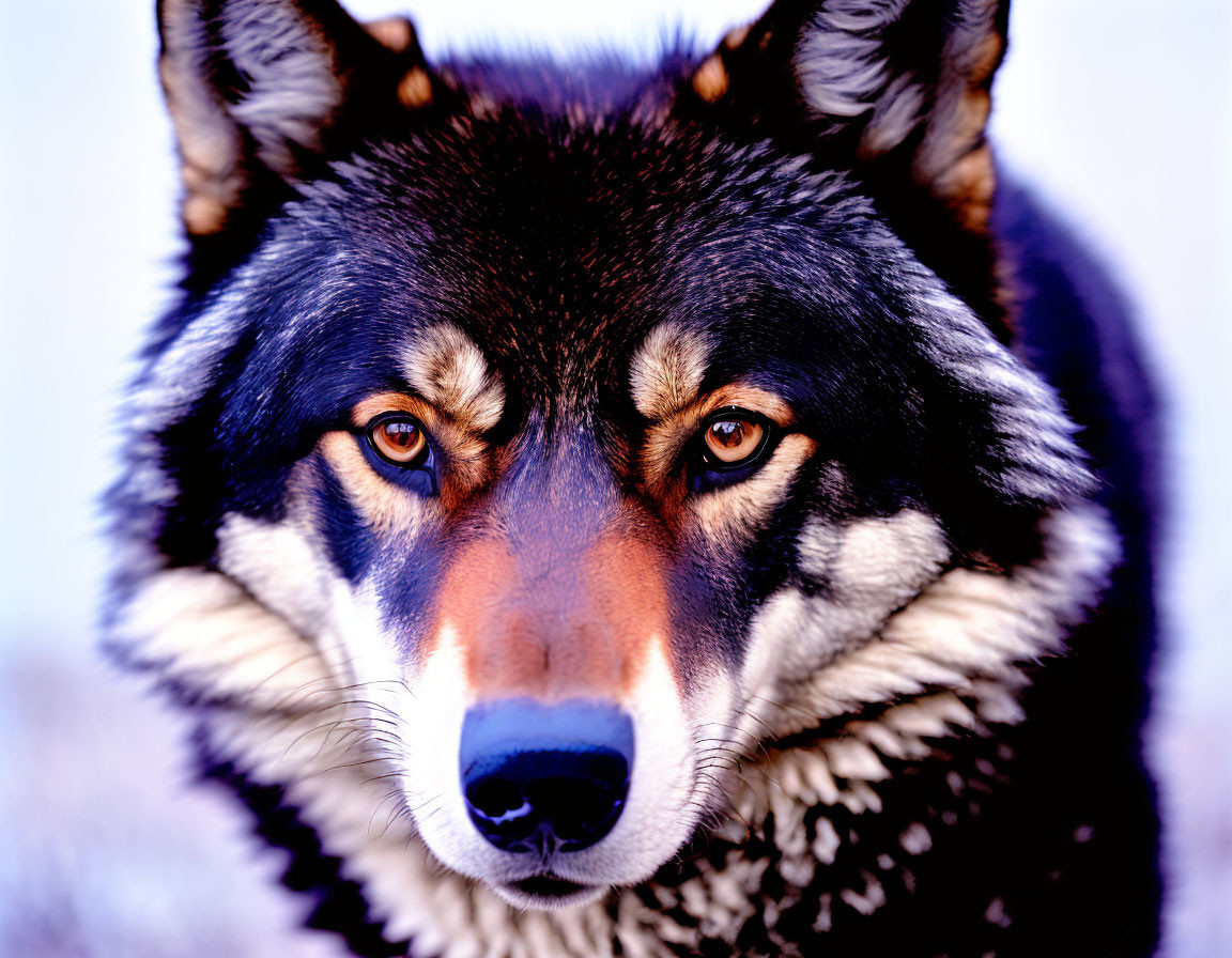 Close-up of husky with piercing eyes and black-and-tan coat in snowy backdrop