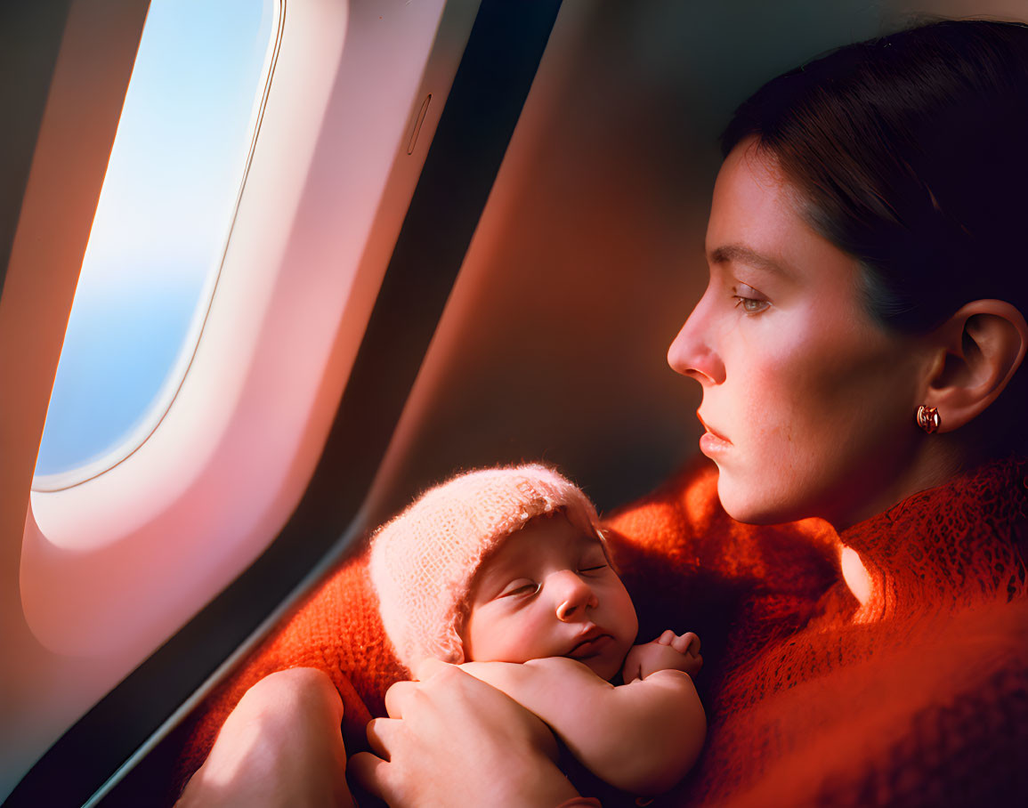 Woman holding sleeping baby gazes out airplane window in warm light.