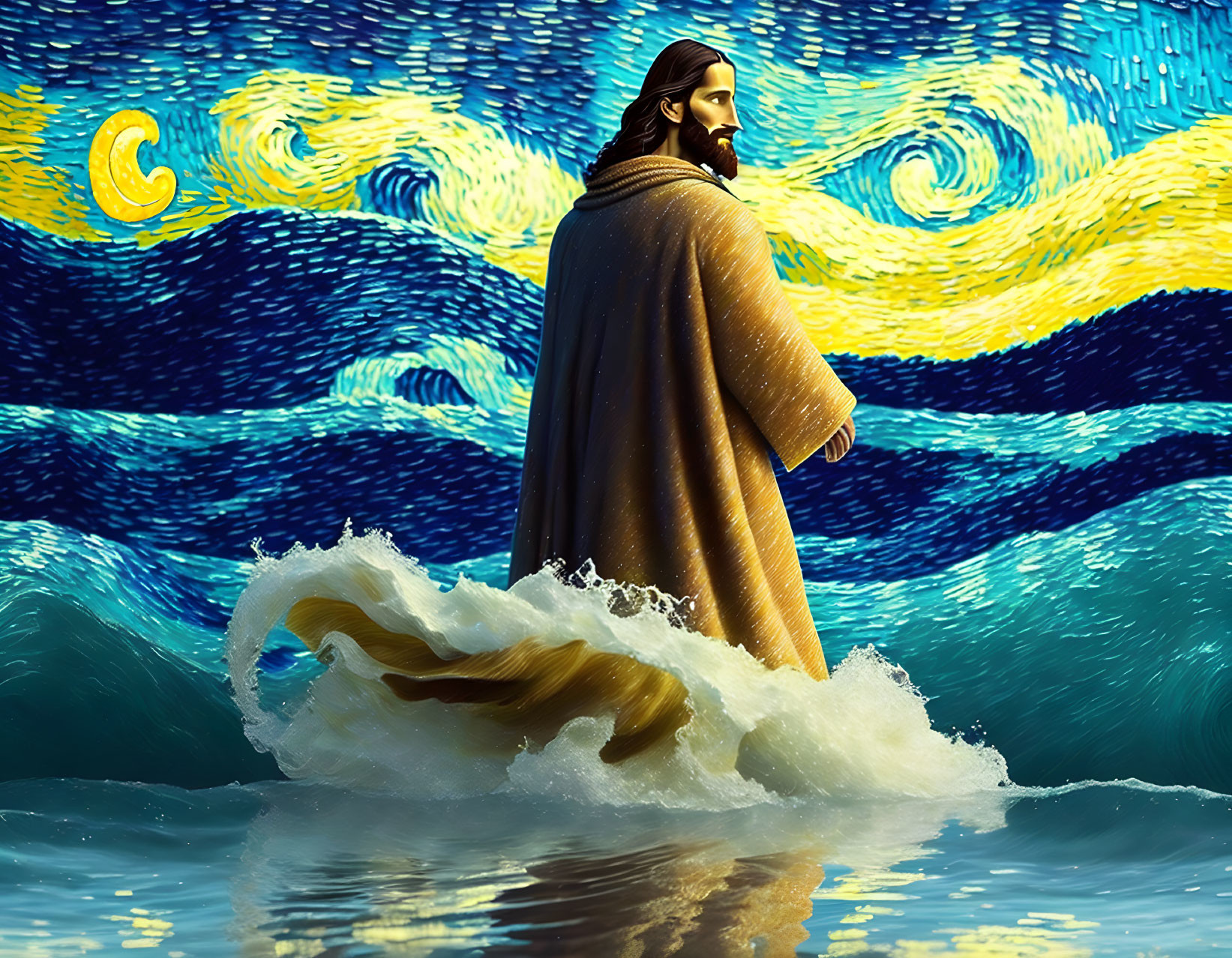 Digital artwork of robed man on water with Starry Night wave background