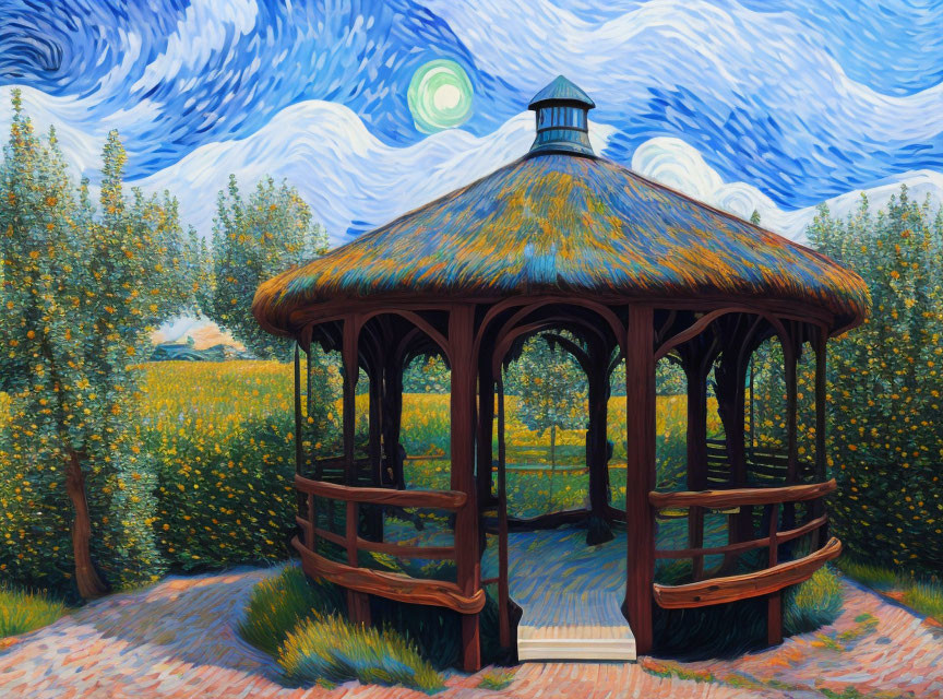 Vibrant painting of wooden gazebo under swirling blue skies