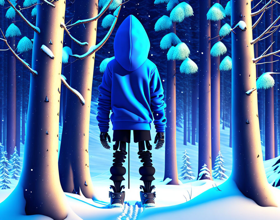 Blue Hoodie Person with Mechanical Legs in Snowy Forest at Night