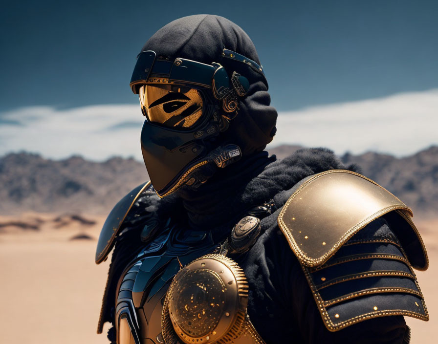 Futuristic armor-clad person with golden visor in desert setting