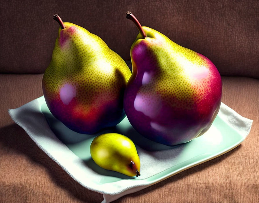 Three Vibrant Gradients Pears on White Napkin